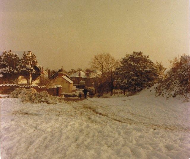 Southgate village centre in snow, London