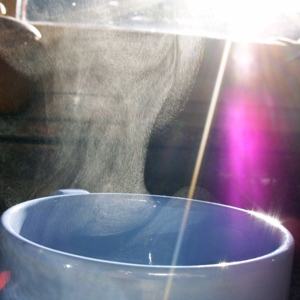 A steaming cup