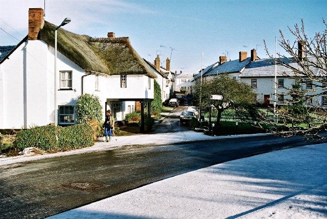 Thorverton village centre in snow, Devon